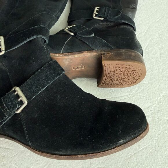 Size 9.5 - Ugg Cydnee Boots Black Leather Knee High Buckle Sheepskin Shearling - Picture 3 of 9